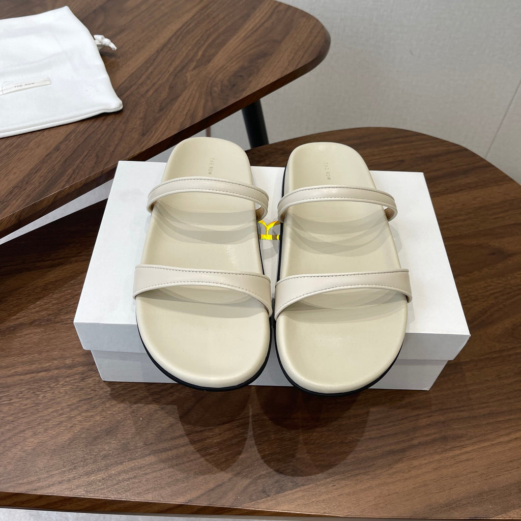 THE ROW 26S DOUBLE STRAP FLAT SANDALS IN IVORY WHITE CALFSKIN