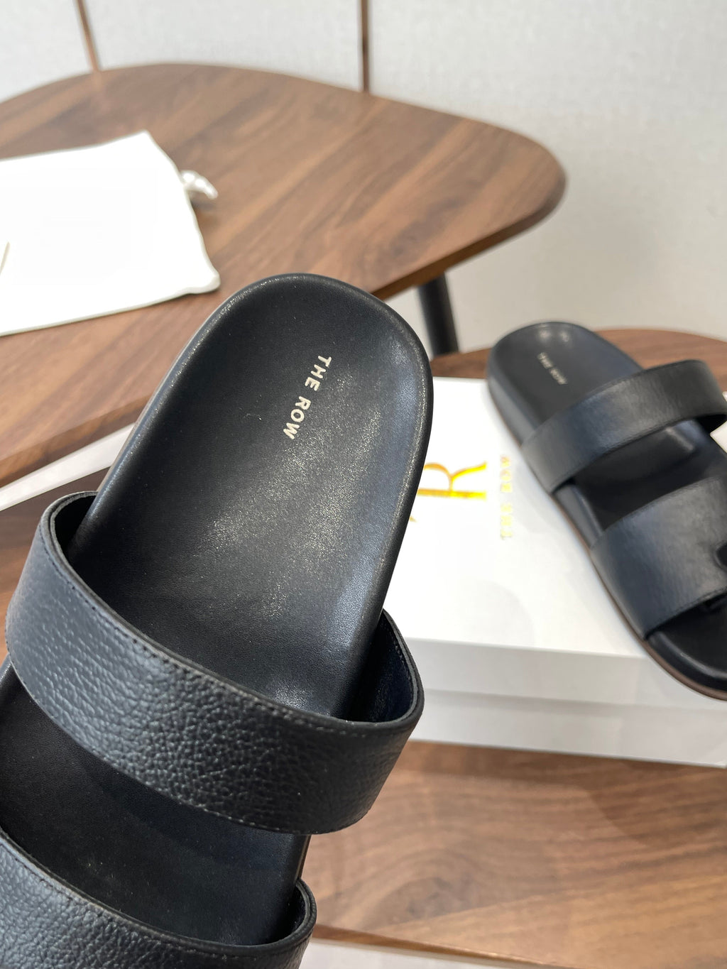 THE ROW 26S DOUBLE STRAP TOE LOOP SLIDE SANDALS IN BLACK CALFSKIN
