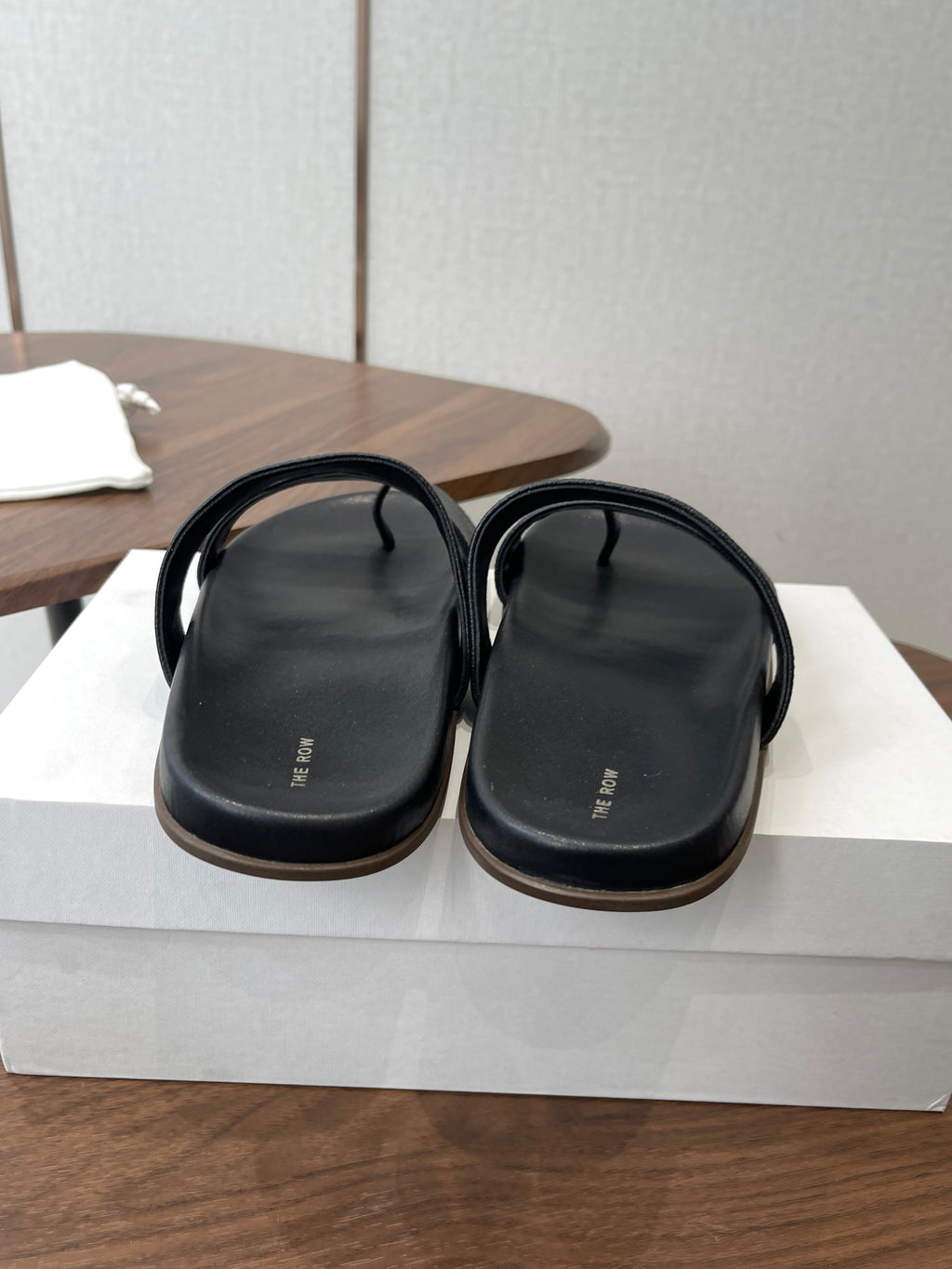 THE ROW 26S DOUBLE STRAP TOE LOOP SLIDE SANDALS IN BLACK CALFSKIN
