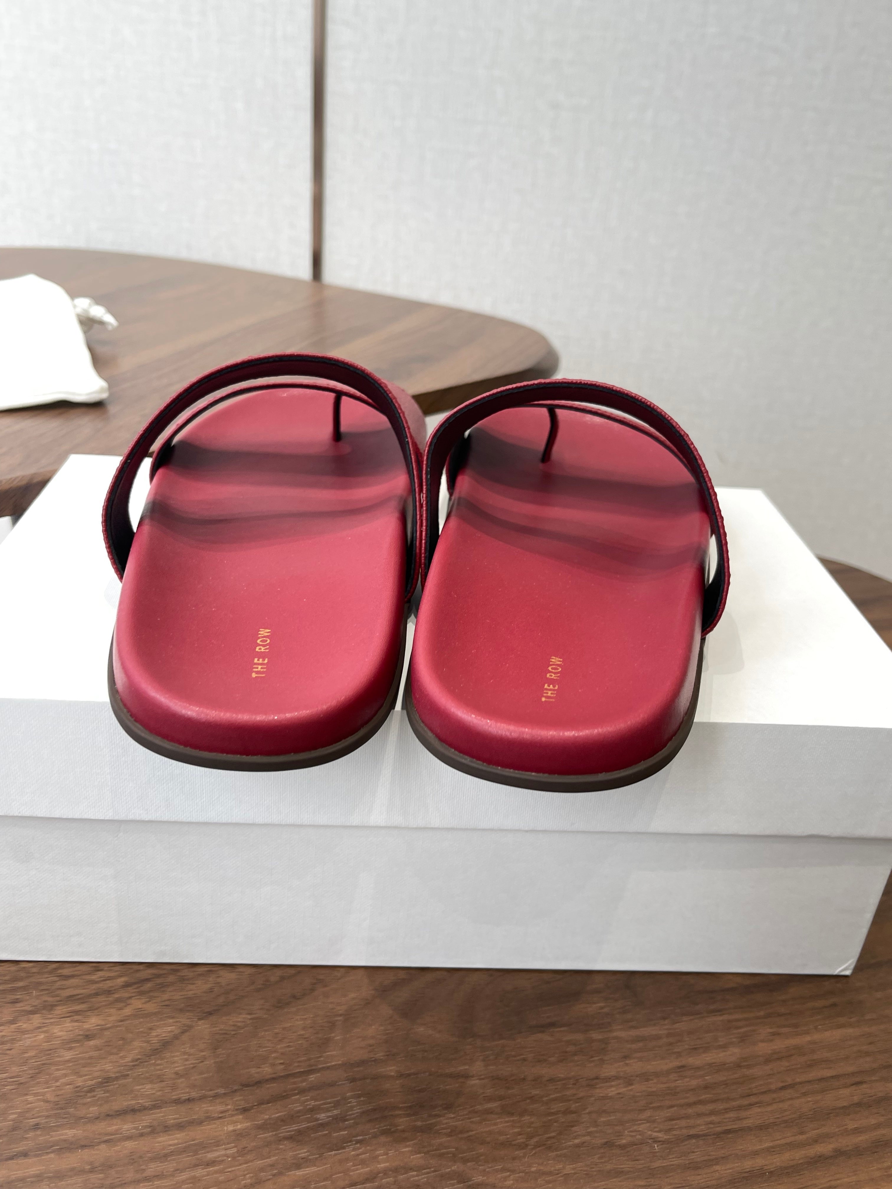 THE ROW 26S DOUBLE STRAP TOE LOOP SLIDE SANDALS IN DARK RED CALFSKIN
