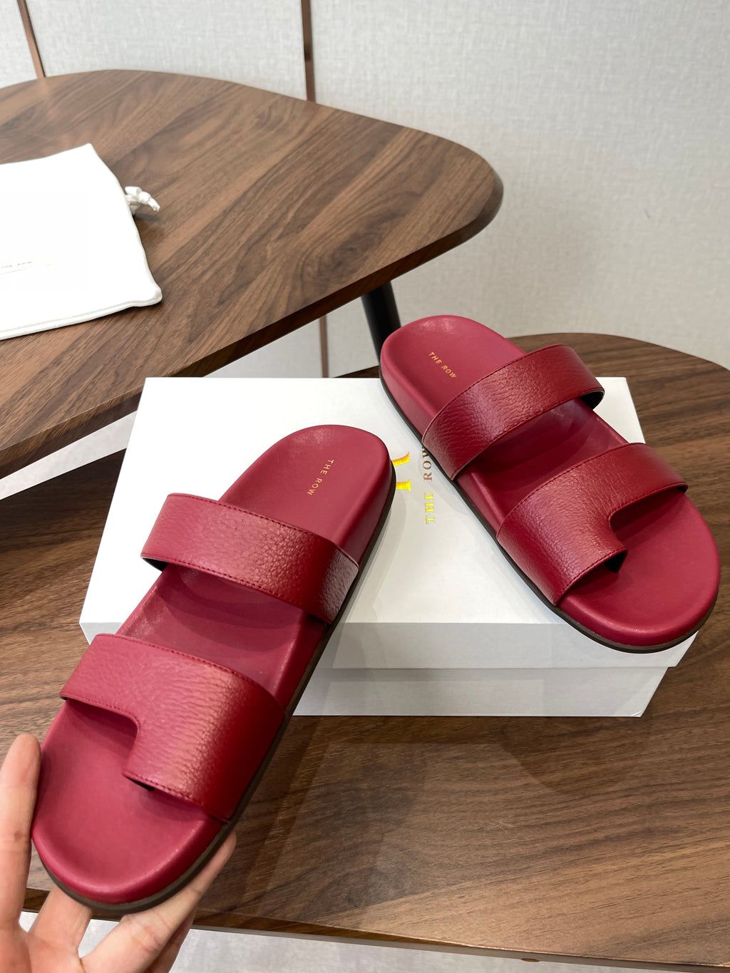 THE ROW 26S DOUBLE STRAP TOE LOOP SLIDE SANDALS IN DARK RED CALFSKIN