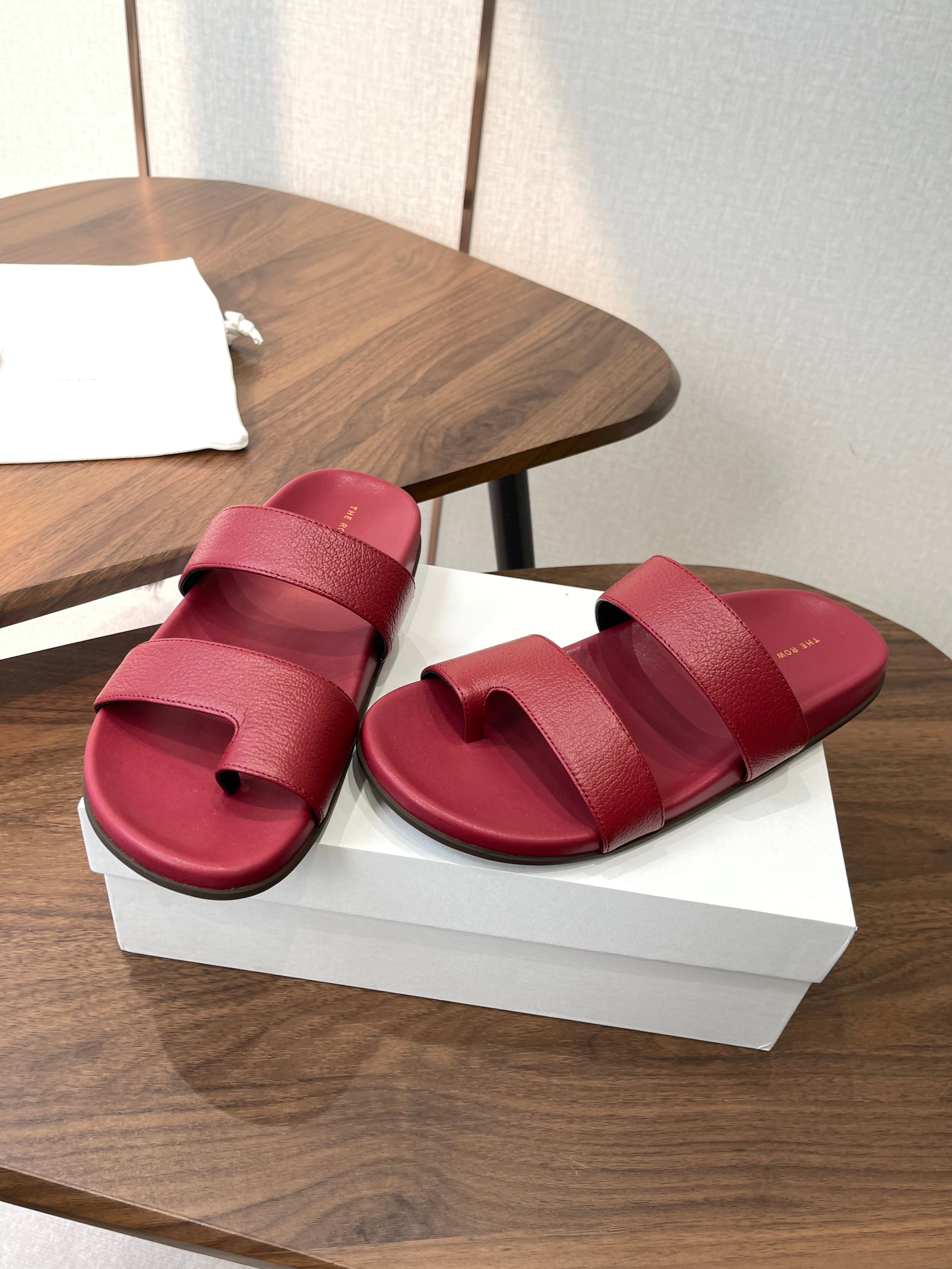 THE ROW 26S DOUBLE STRAP TOE LOOP SLIDE SANDALS IN DARK RED CALFSKIN