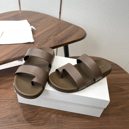 THE ROW 26S DOUBLE STRAP TOE LOOP SLIDE SANDALS IN BROWN CALFSKIN
