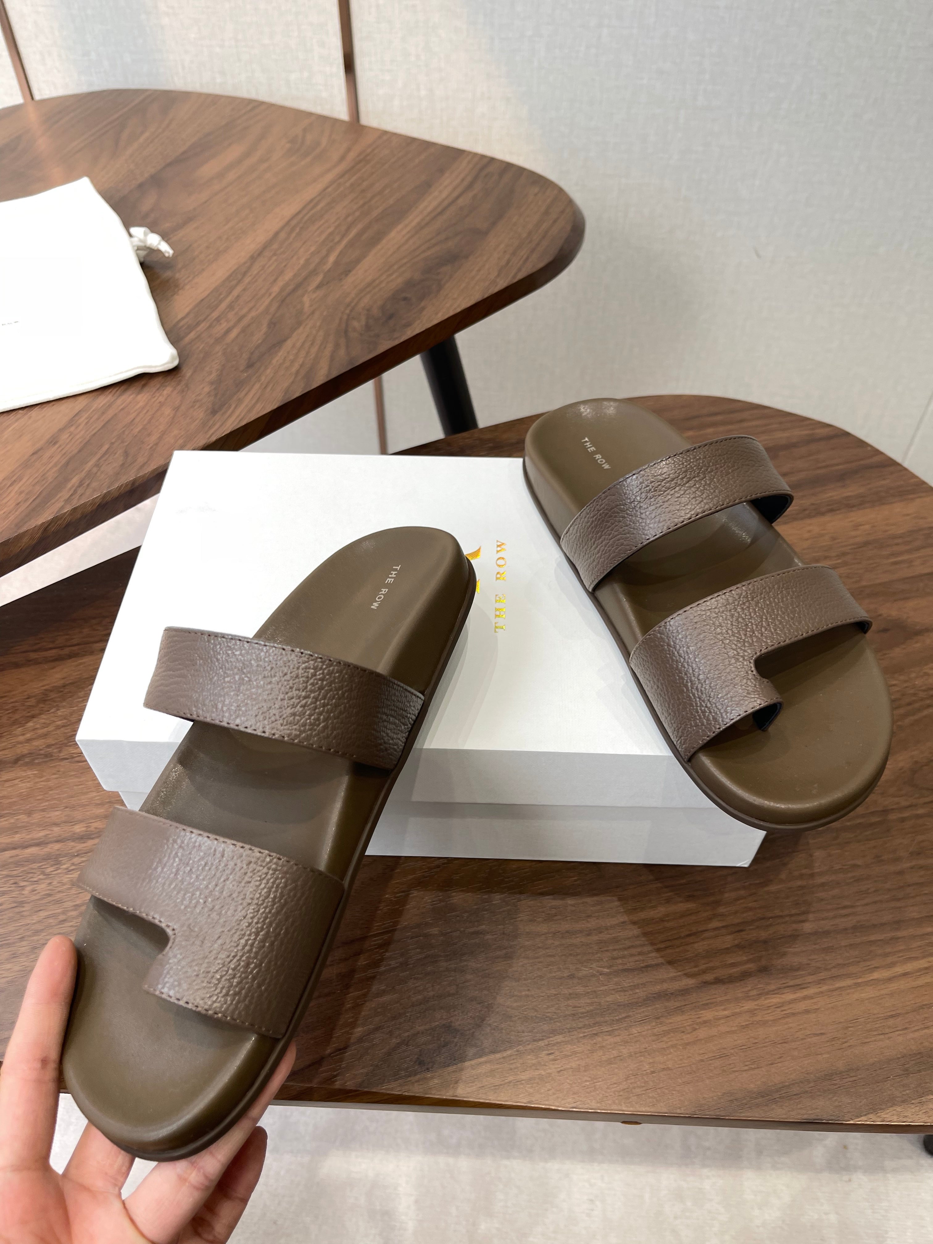 THE ROW 26S DOUBLE STRAP TOE LOOP SLIDE SANDALS IN BROWN CALFSKIN