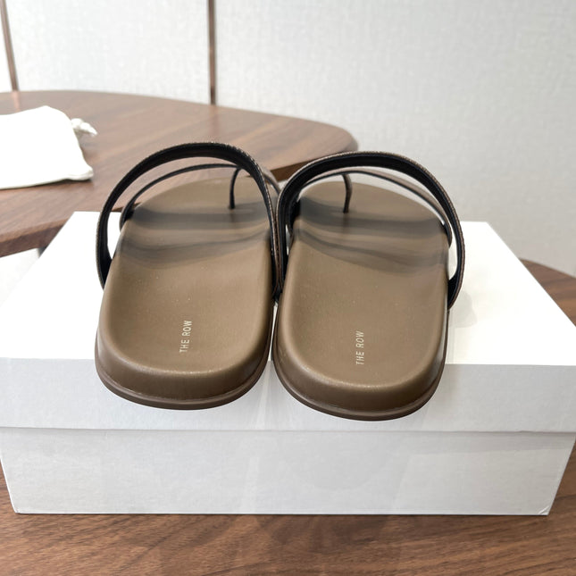 THE ROW 26S DOUBLE STRAP TOE LOOP SLIDE SANDALS IN BROWN CALFSKIN