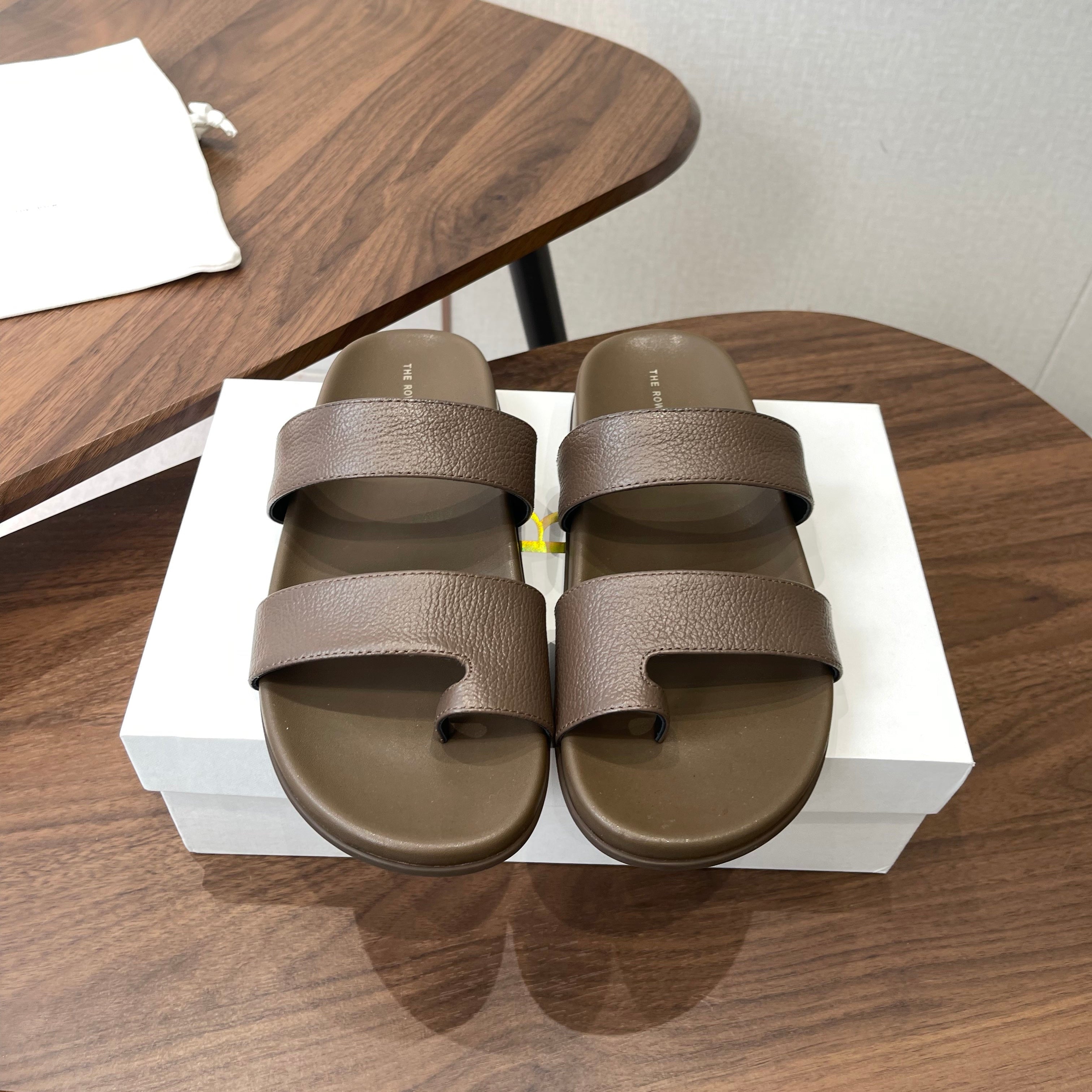 THE ROW 26S DOUBLE STRAP TOE LOOP SLIDE SANDALS IN BROWN CALFSKIN