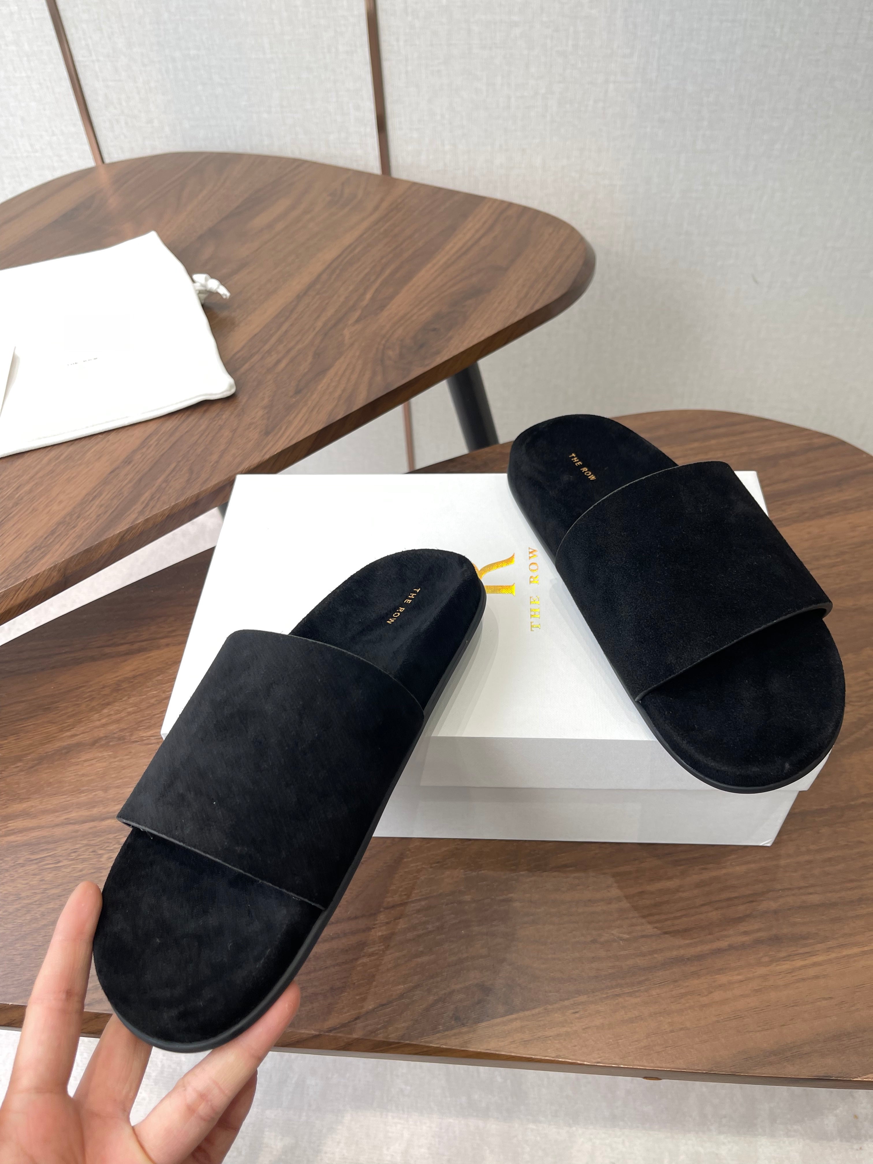 THE ROW 26S SLIDE SANDALS IN BLACK SUEDE