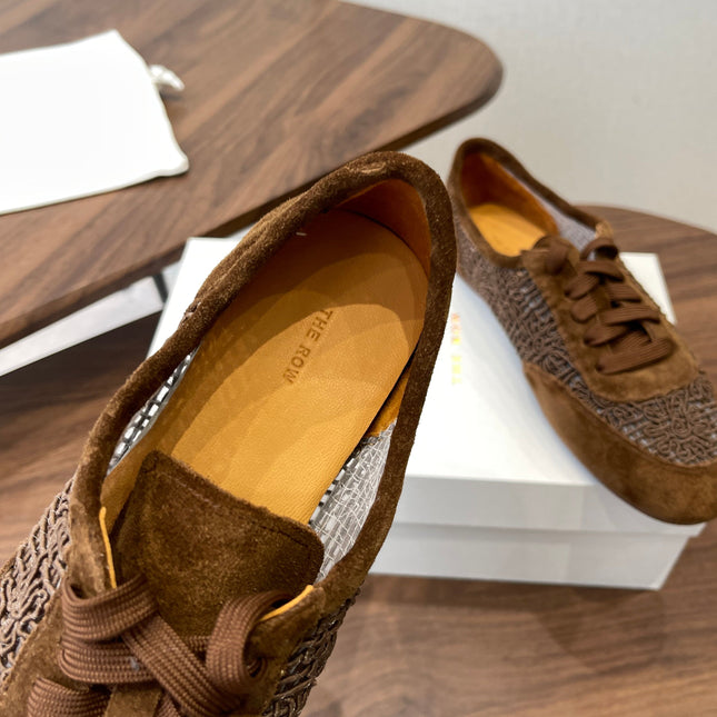 THE ROW 26S LACE UP SNEAKERS IN CARAMEL BROWN SUEDE