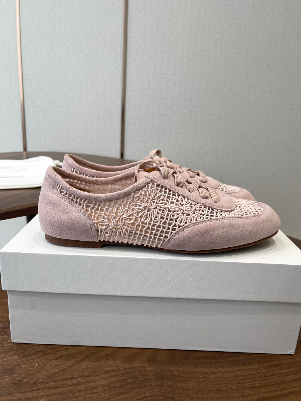 THE ROW 26S LACE UP SNEAKERS IN LIGHT PINK SUEDE