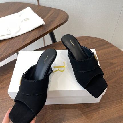 THE ROW 26S BUTTON DETAIL MULE HEELS 70MM IN BLACK SUEDE
