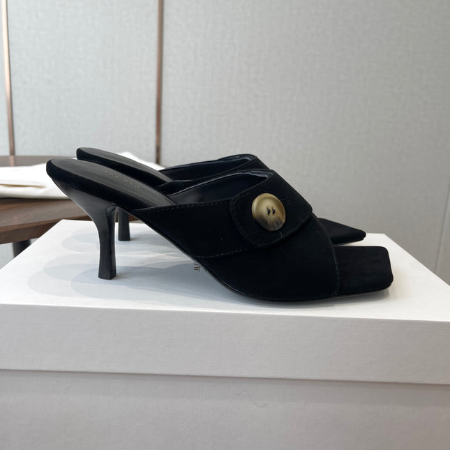 THE ROW 26S BUTTON DETAIL MULE HEELS 70MM IN BLACK SUEDE