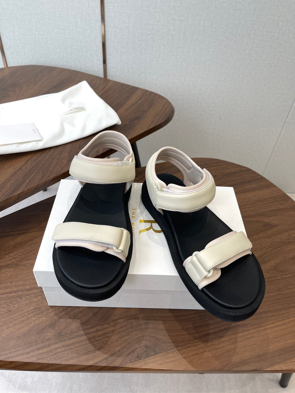 THE ROW 26S DOUBLE STRAP SANDALS IN IVORY WHITE CALFSKIN