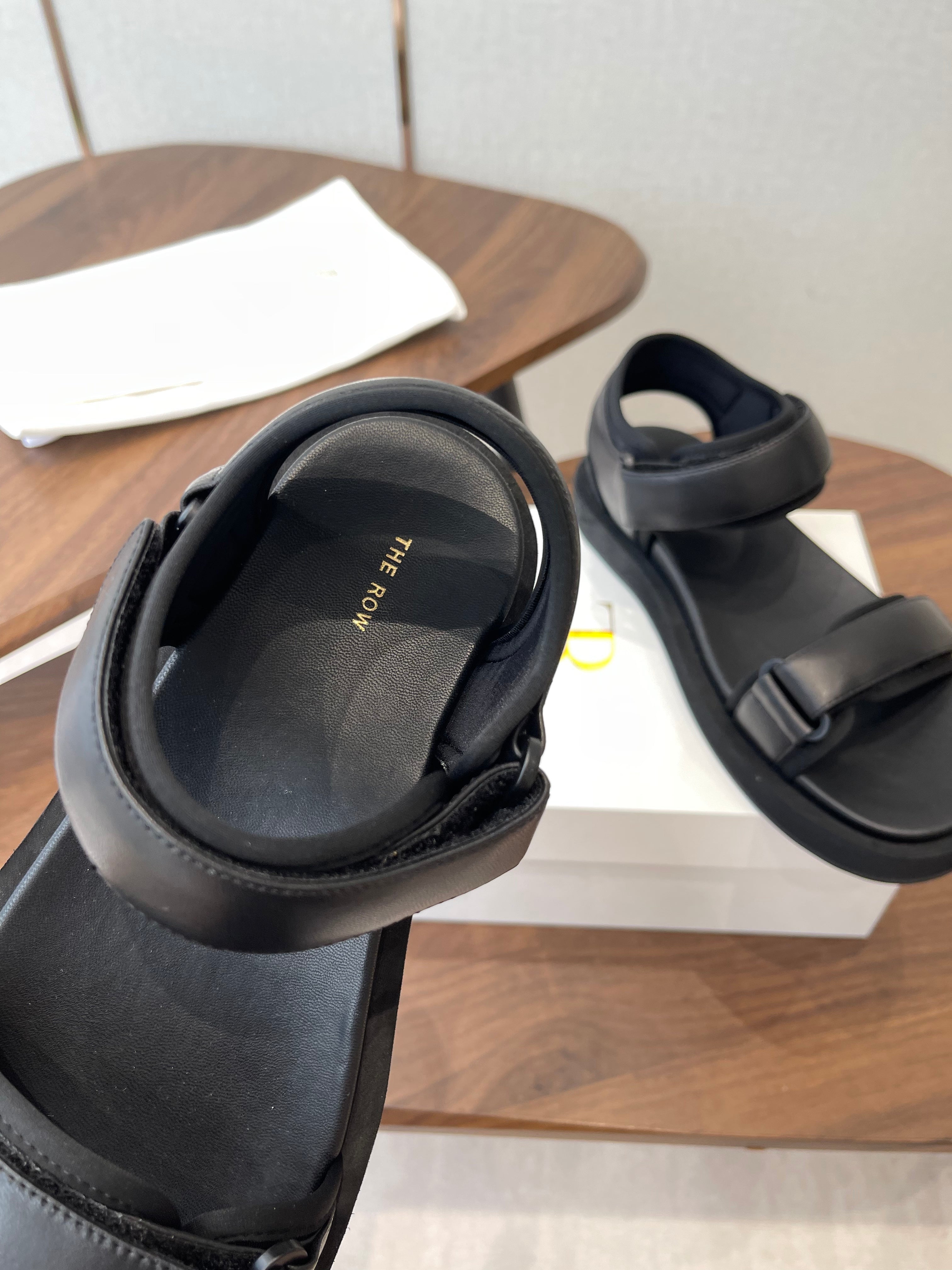 THE ROW 26S DOUBLE STRAP SANDALS IN BLACK CALFSKIN