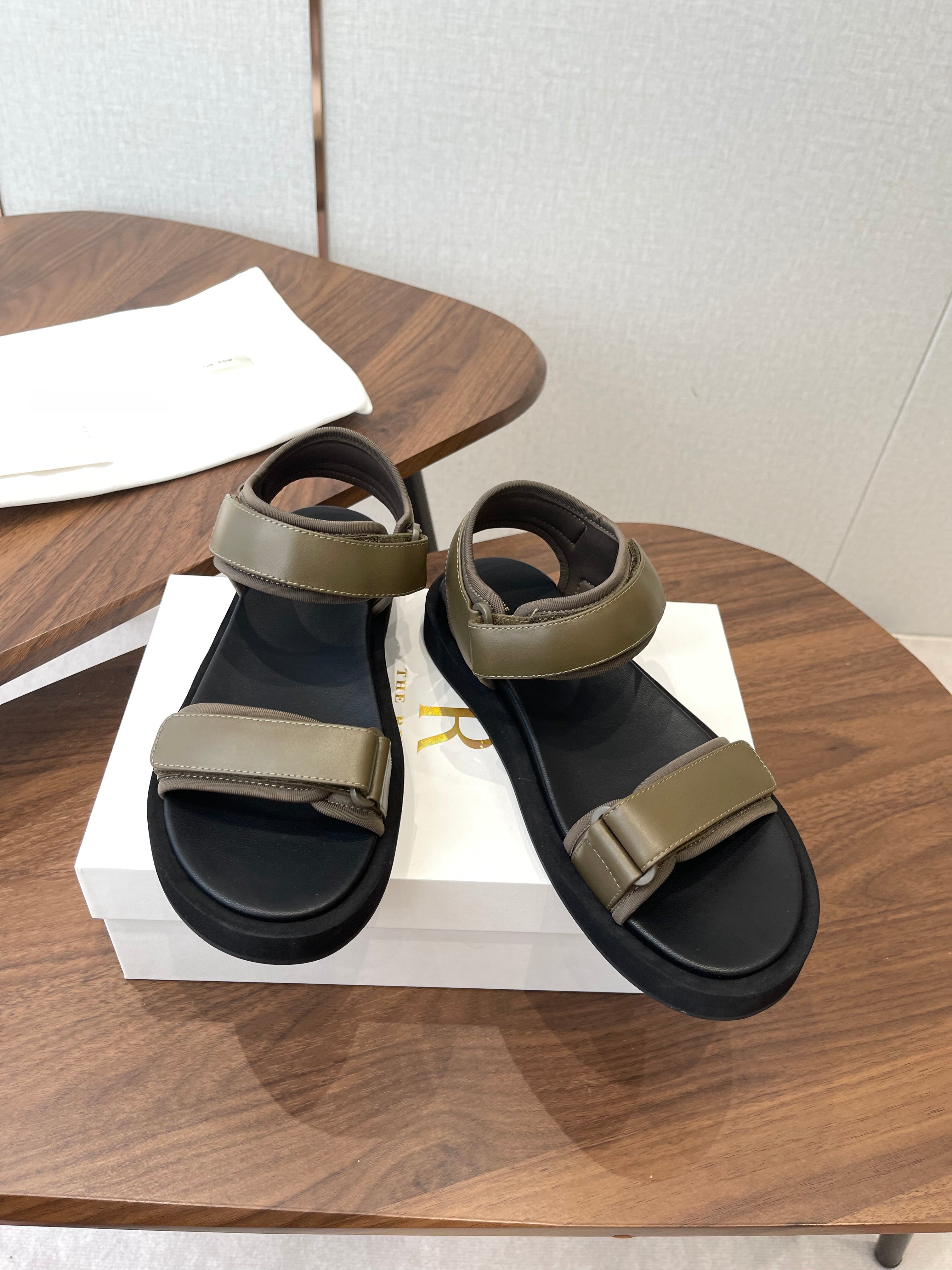 THE ROW 26S DOUBLE STRAP SANDALS IN OLIVE GREEN CALFSKIN