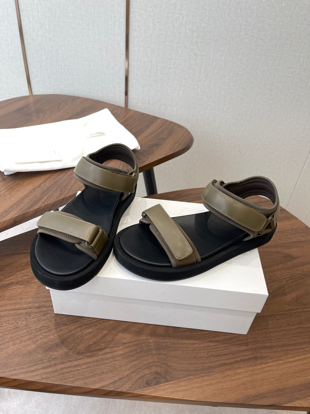 THE ROW 26S DOUBLE STRAP SANDALS IN OLIVE GREEN CALFSKIN