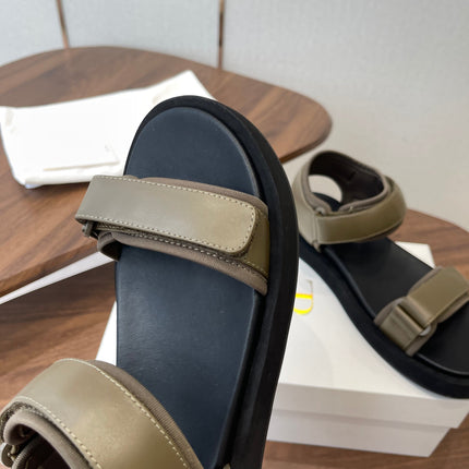THE ROW 26S DOUBLE STRAP SANDALS IN OLIVE GREEN CALFSKIN