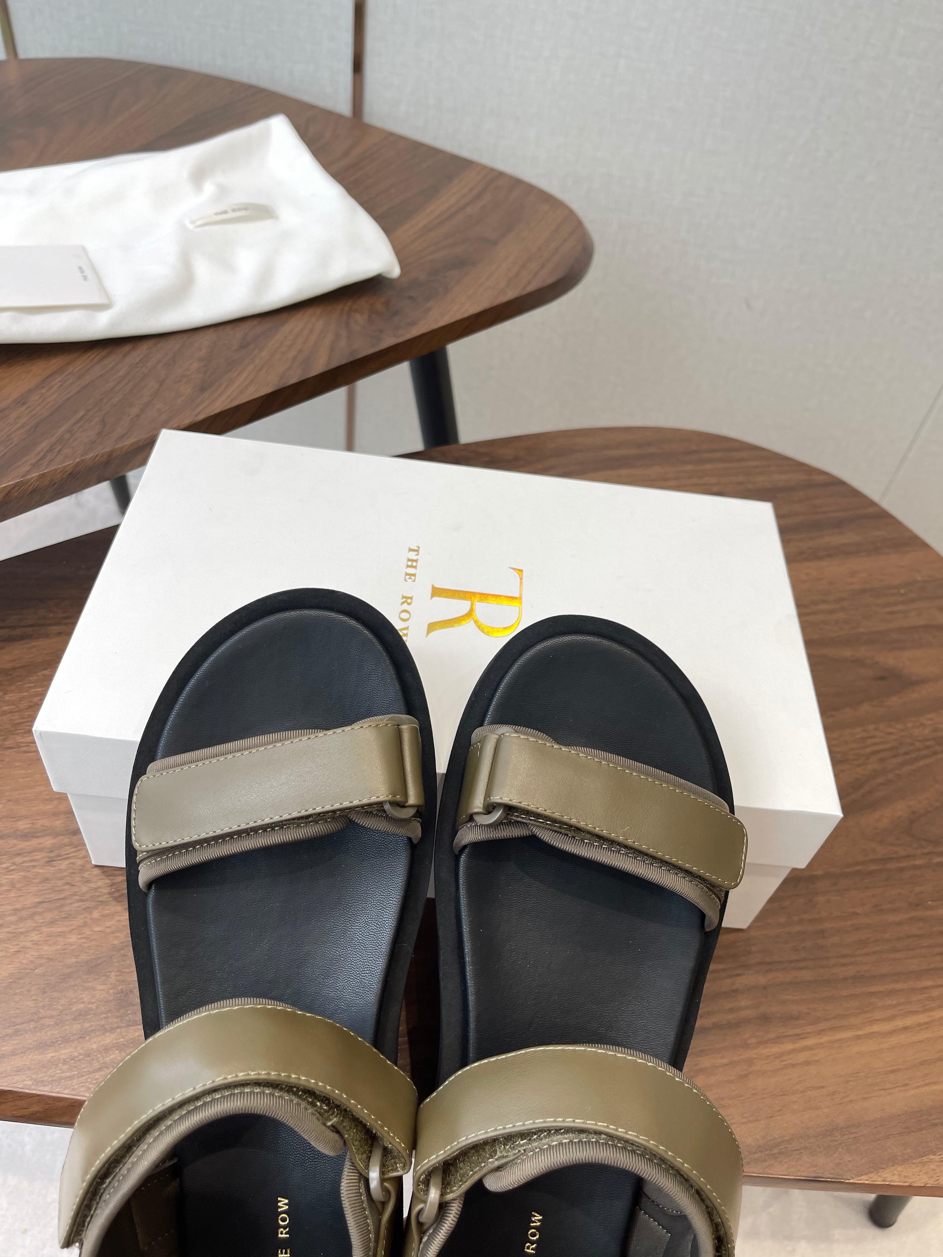 THE ROW 26S DOUBLE STRAP SANDALS IN OLIVE GREEN CALFSKIN