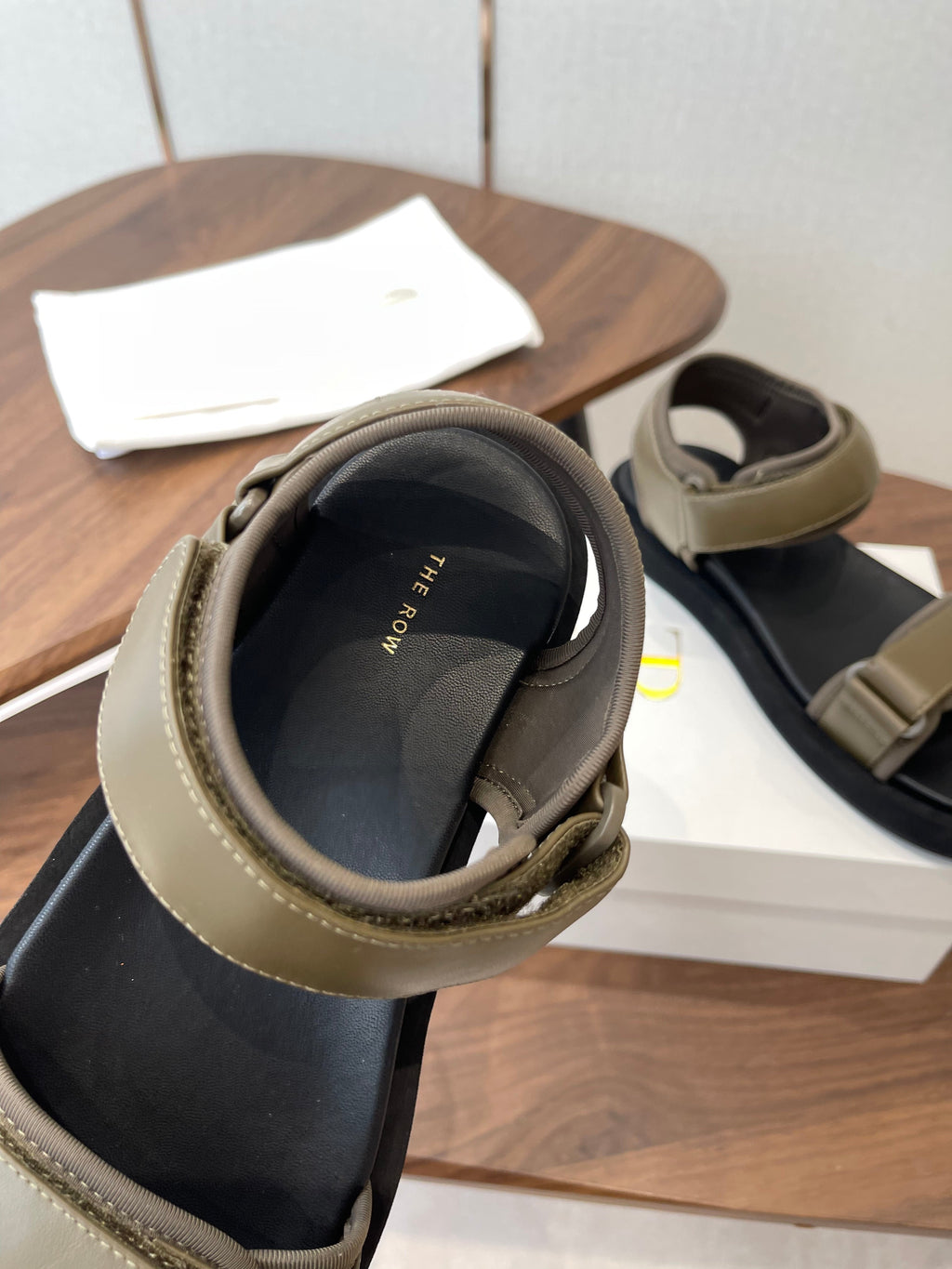 THE ROW 26S DOUBLE STRAP SANDALS IN OLIVE GREEN CALFSKIN