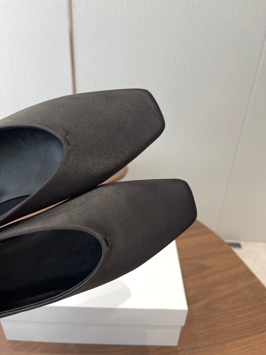 THE ROW 26S SQUARE TOE BALLET FLATS IN BLACK SATIN