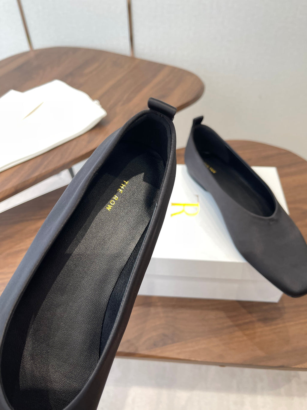 THE ROW 26S SQUARE TOE BALLET FLATS IN BLACK SATIN