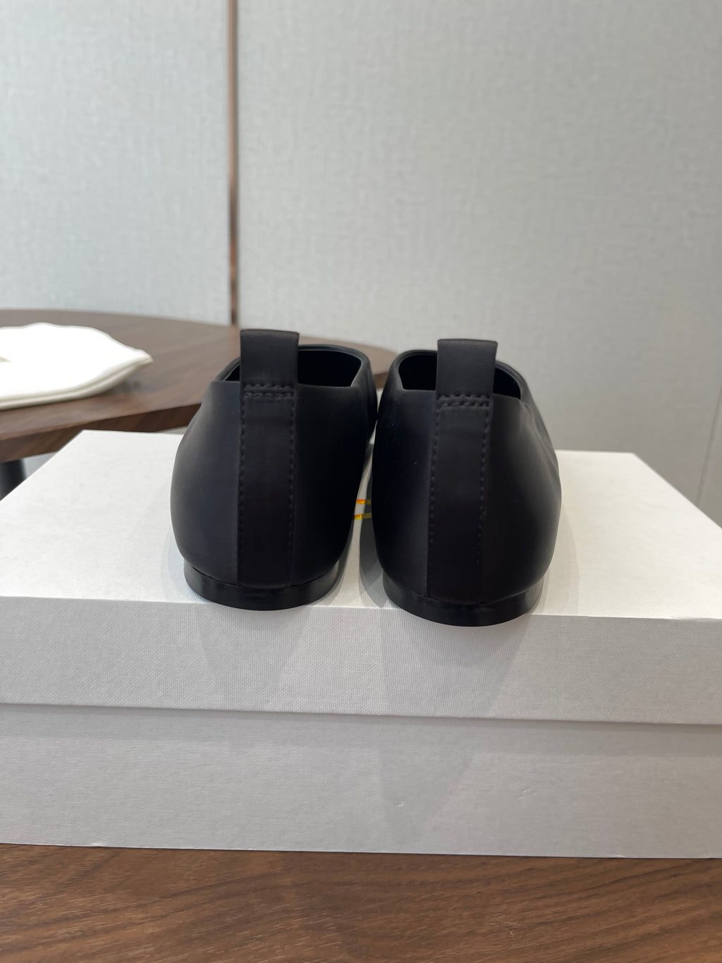 THE ROW 26S SQUARE TOE BALLET FLATS IN BLACK SATIN