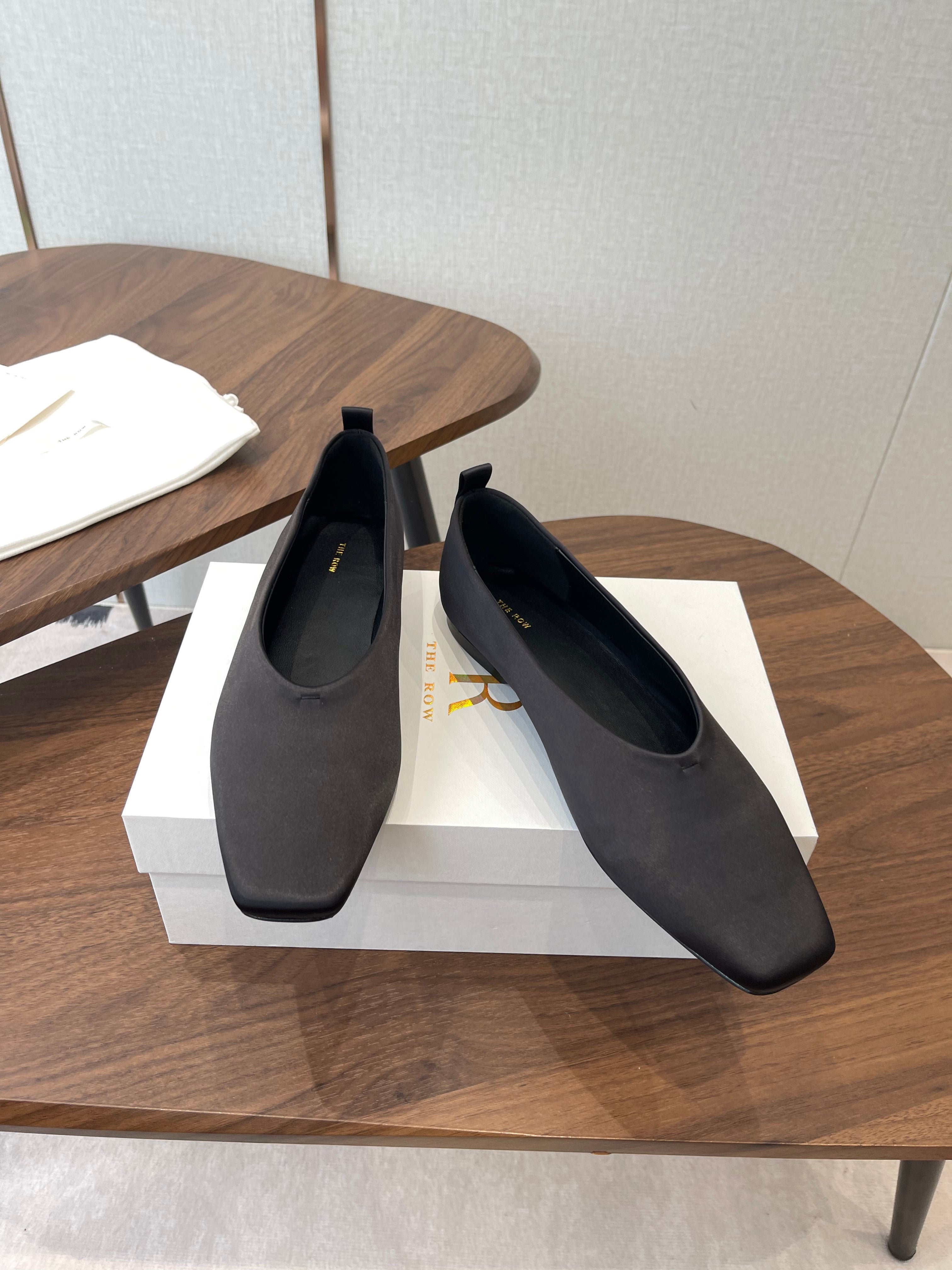 THE ROW 26S SQUARE TOE BALLET FLATS IN BLACK SATIN