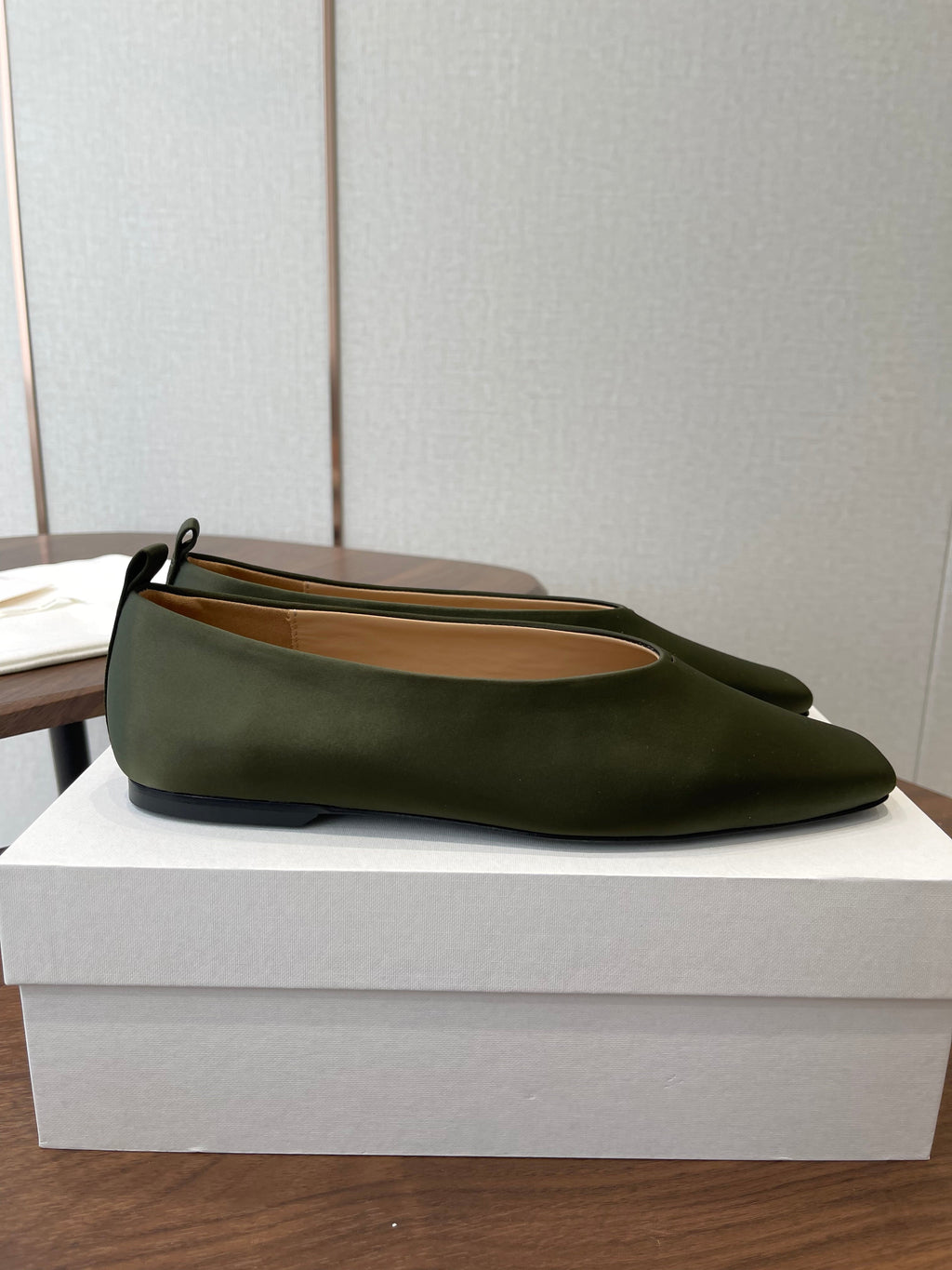 THE ROW 26S SQUARE TOE BALLET FLATS IN OLIVE GREEN SATIN