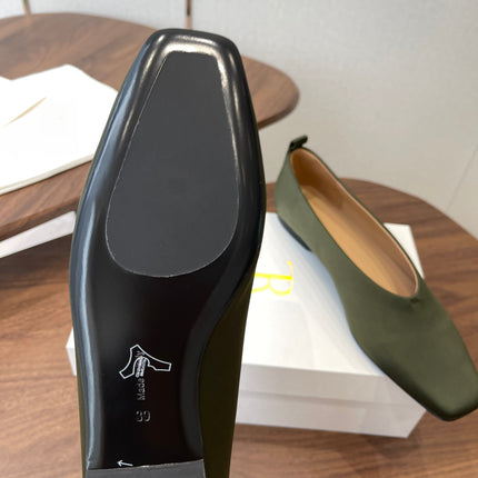 THE ROW 26S SQUARE TOE BALLET FLATS IN OLIVE GREEN SATIN