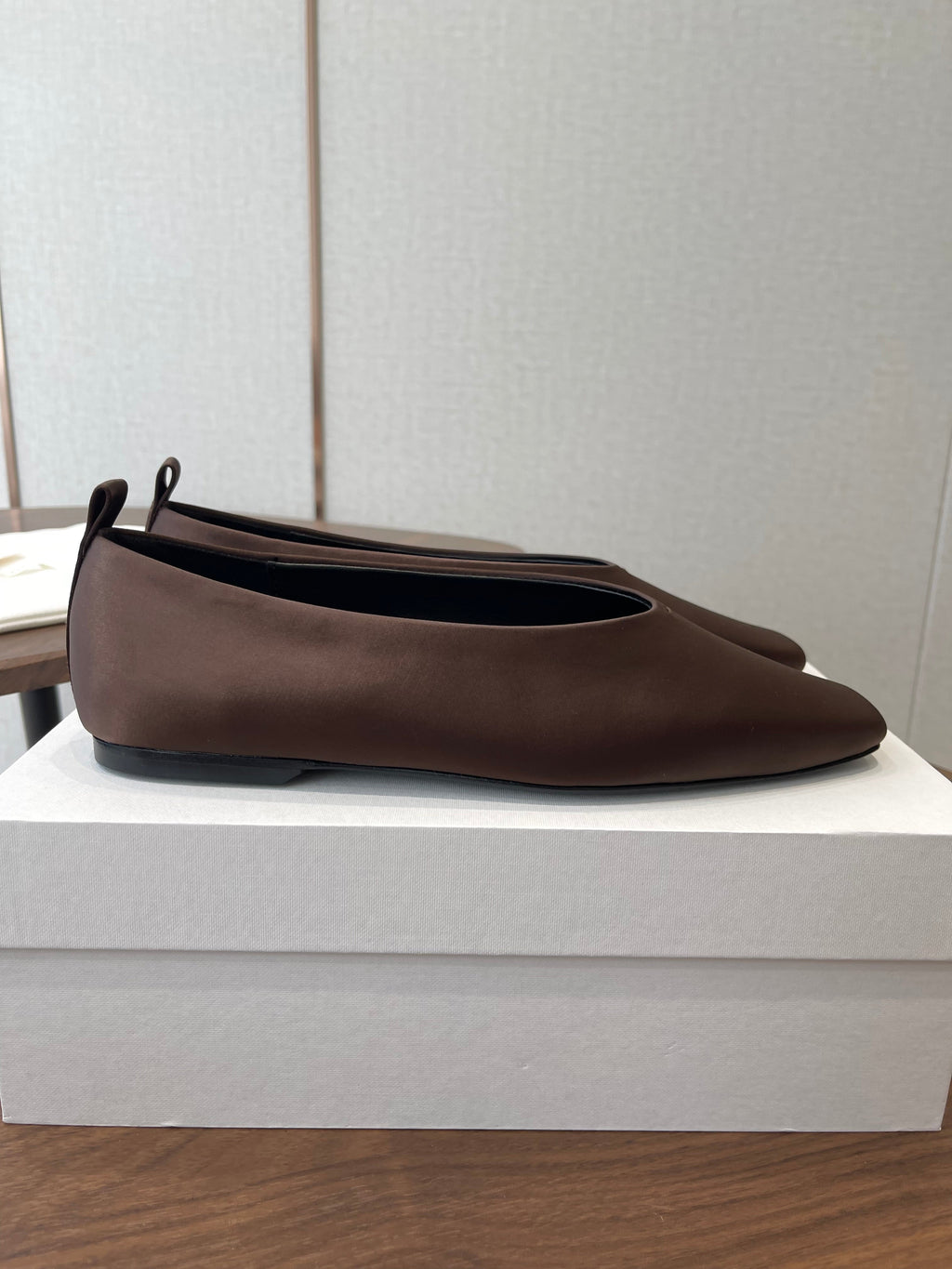 THE ROW 26S SQUARE TOE BALLET FLATS IN DARK BROWN SATIN