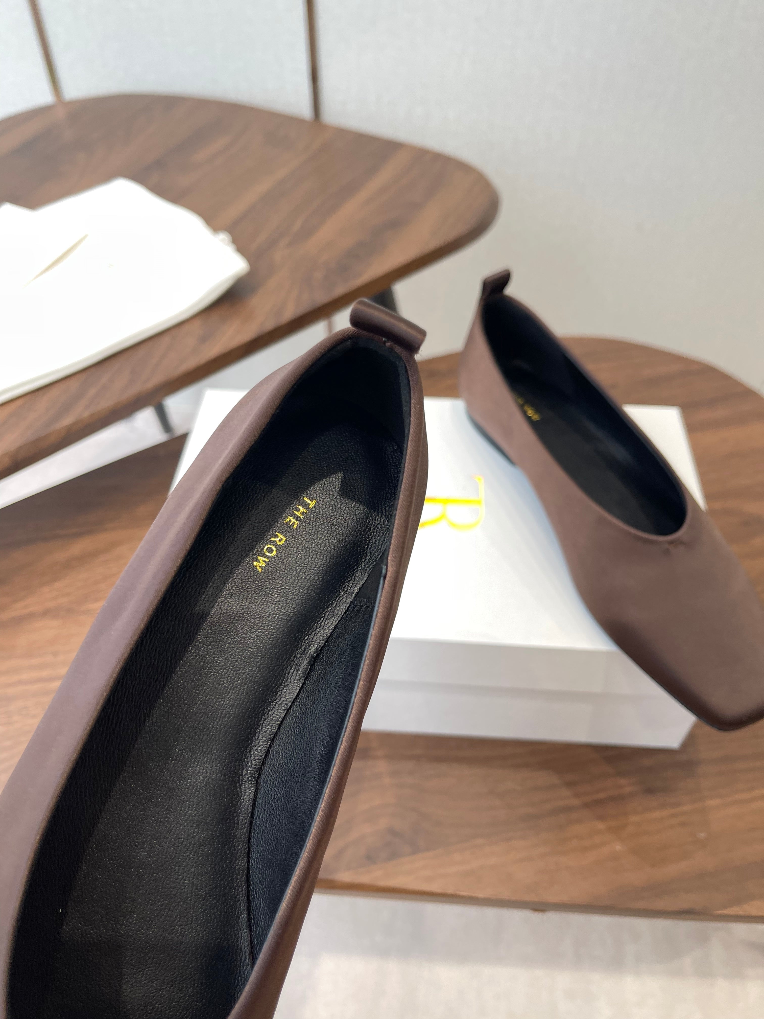 THE ROW 26S SQUARE TOE BALLET FLATS IN DARK BROWN SATIN