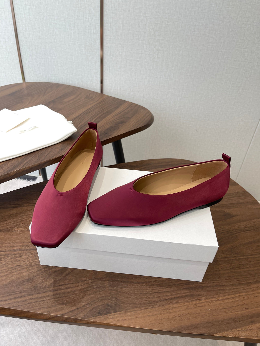 THE ROW 26S SQUARE TOE BALLET FLATS IN WINE RED SATIN