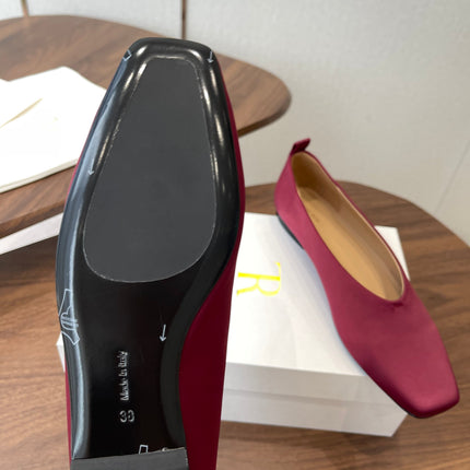 THE ROW 26S SQUARE TOE BALLET FLATS IN WINE RED SATIN