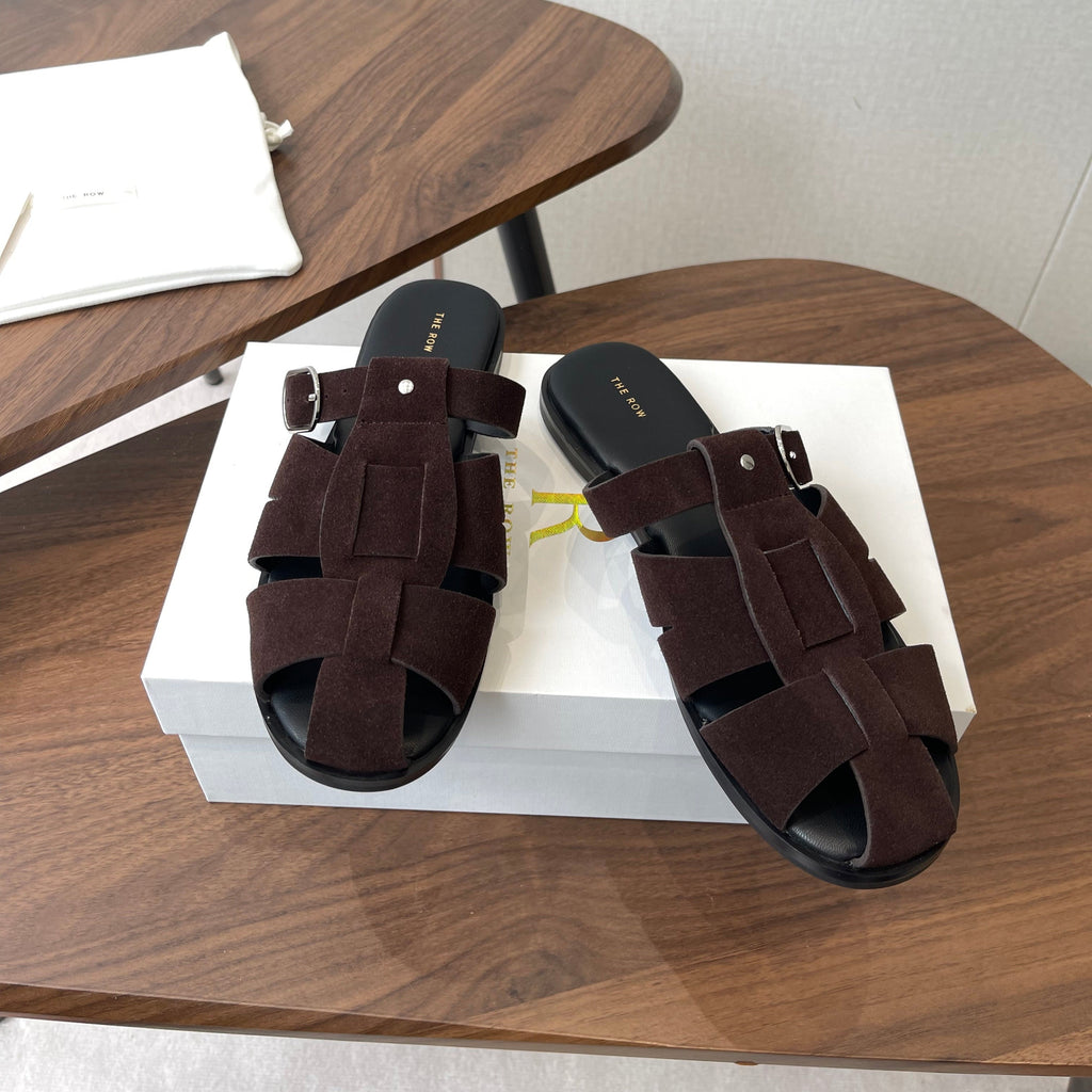 THE ROW 26S GLADIATOR SLIDE SANDALS IN DARK BROWN SUEDE