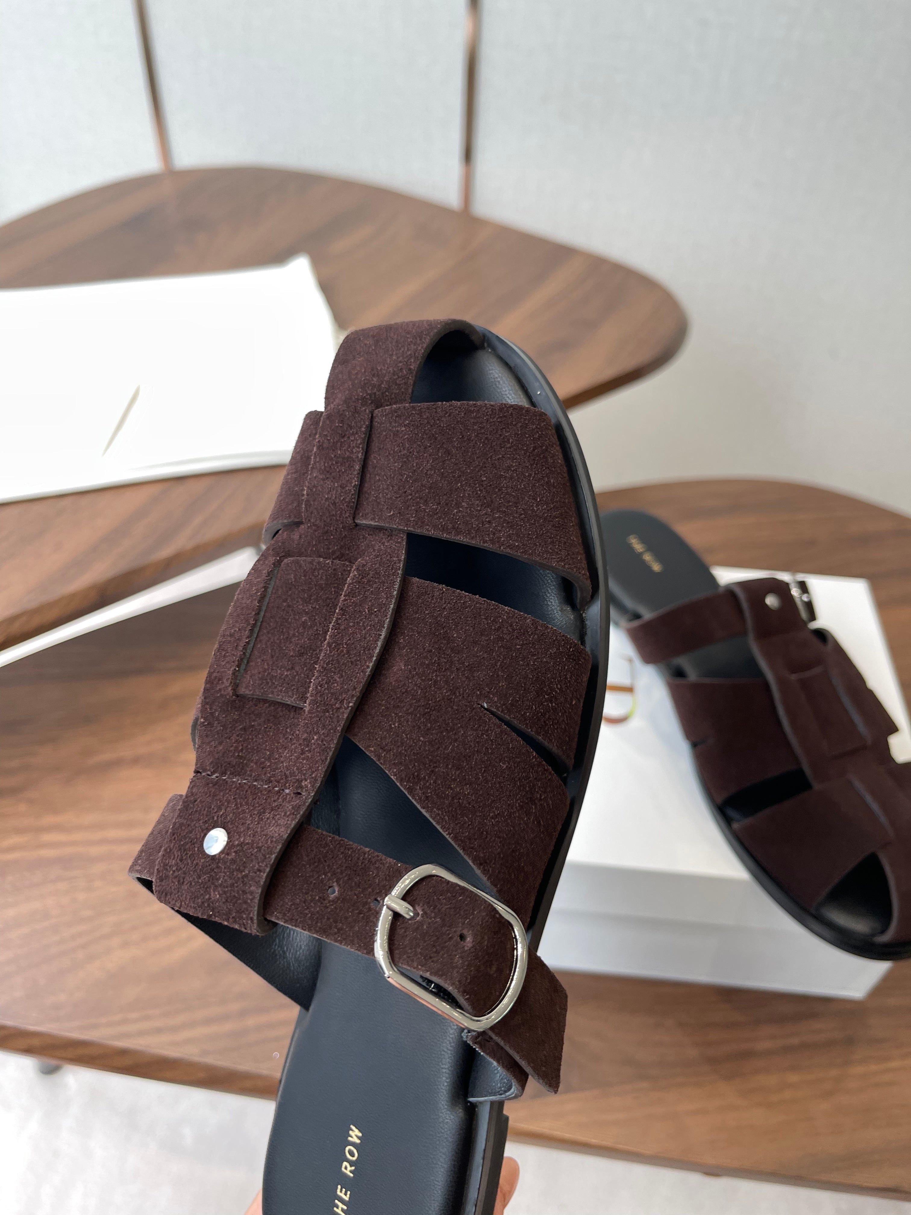 THE ROW 26S GLADIATOR SLIDE SANDALS IN DARK BROWN SUEDE