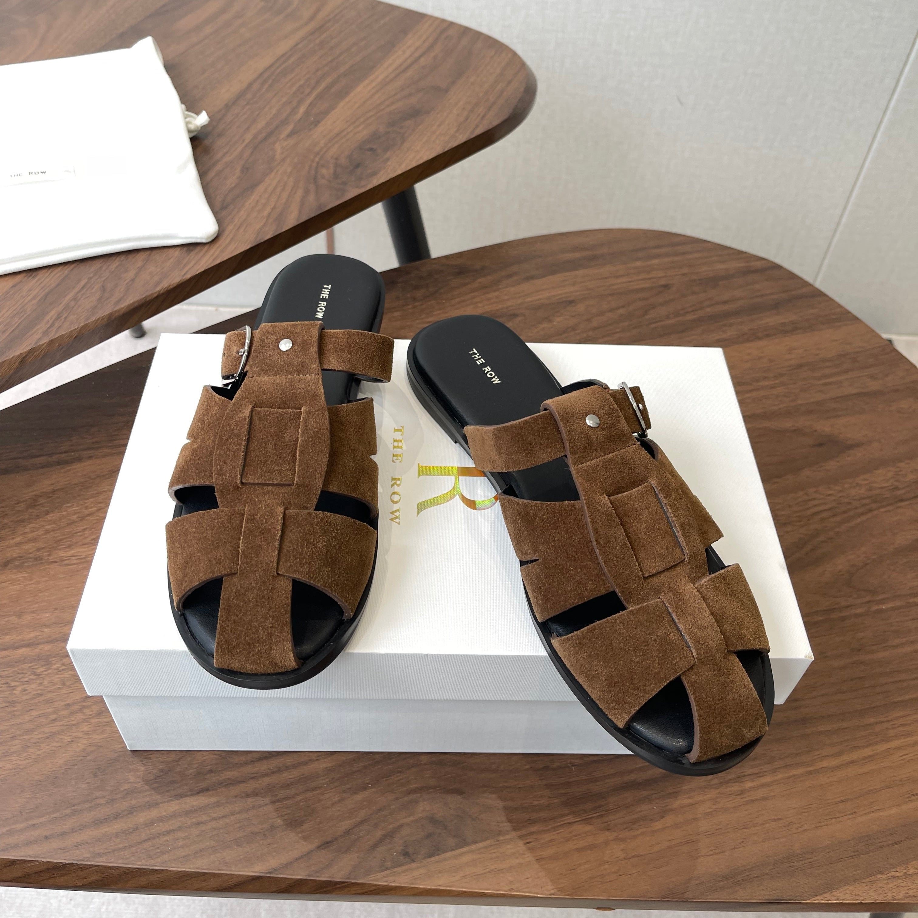 THE ROW 26S GLADIATOR SLIDE SANDALS IN BROWN SUEDE