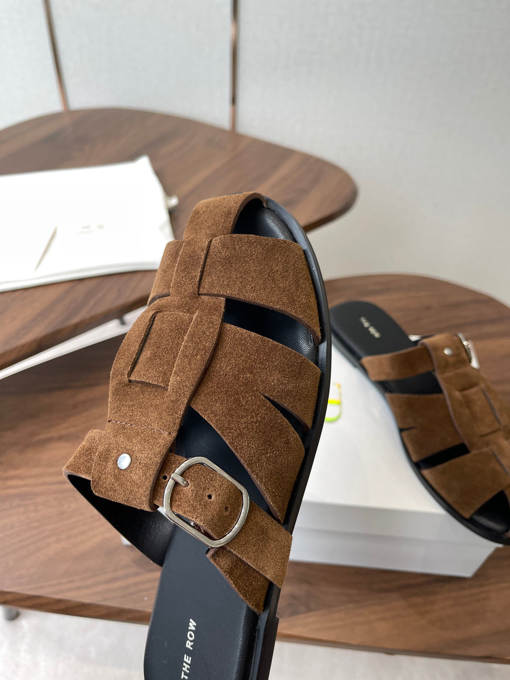 THE ROW 26S GLADIATOR SLIDE SANDALS IN BROWN SUEDE