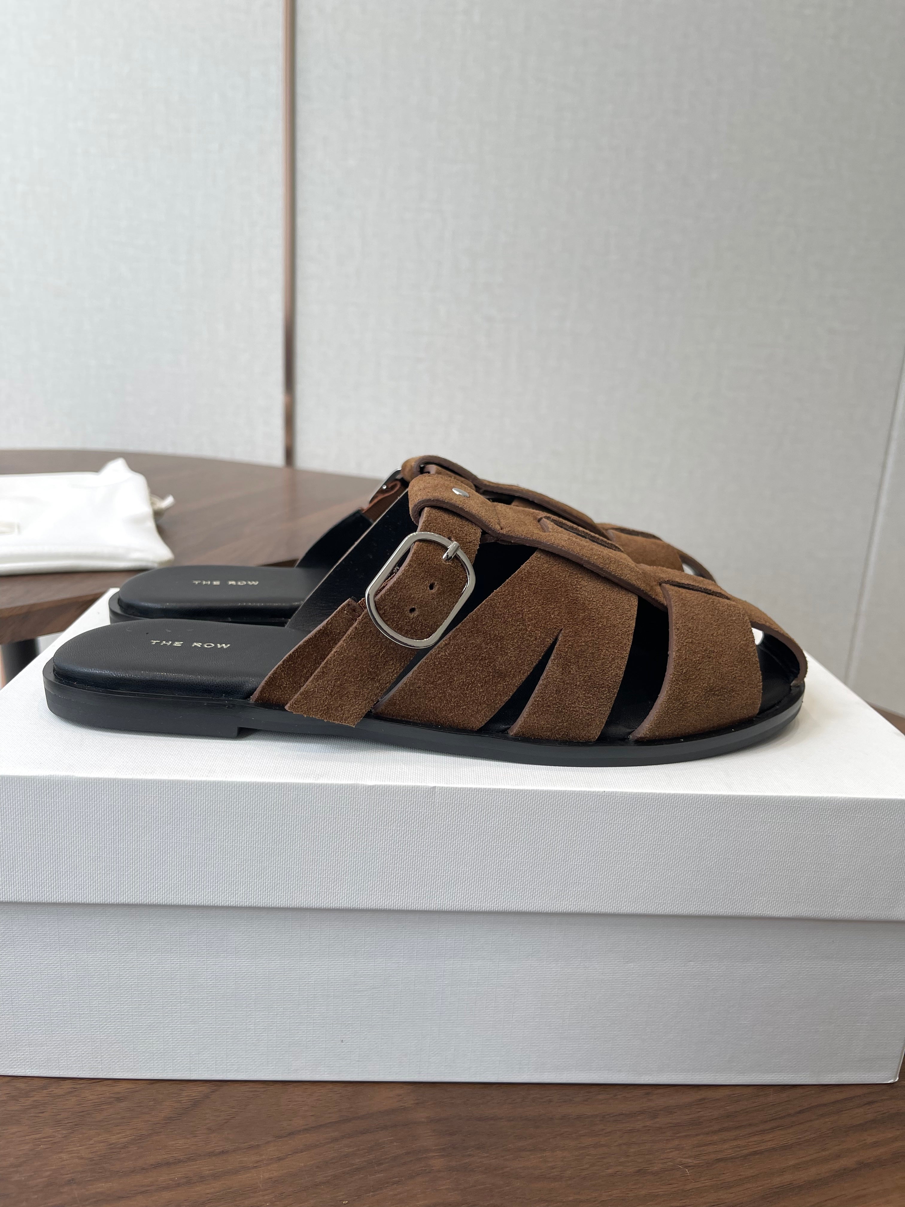 THE ROW 26S GLADIATOR SLIDE SANDALS IN BROWN SUEDE
