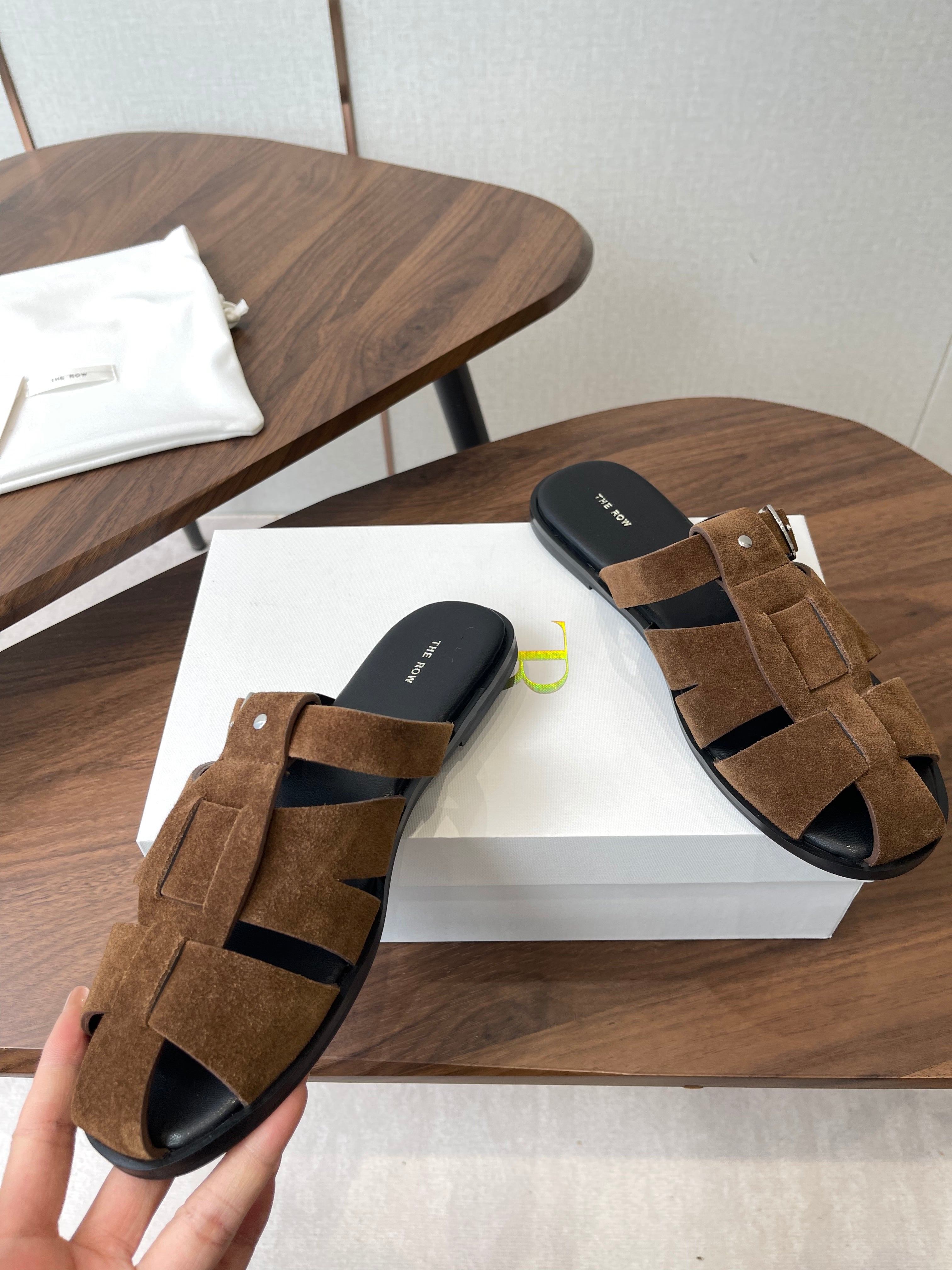 THE ROW 26S GLADIATOR SLIDE SANDALS IN BROWN SUEDE