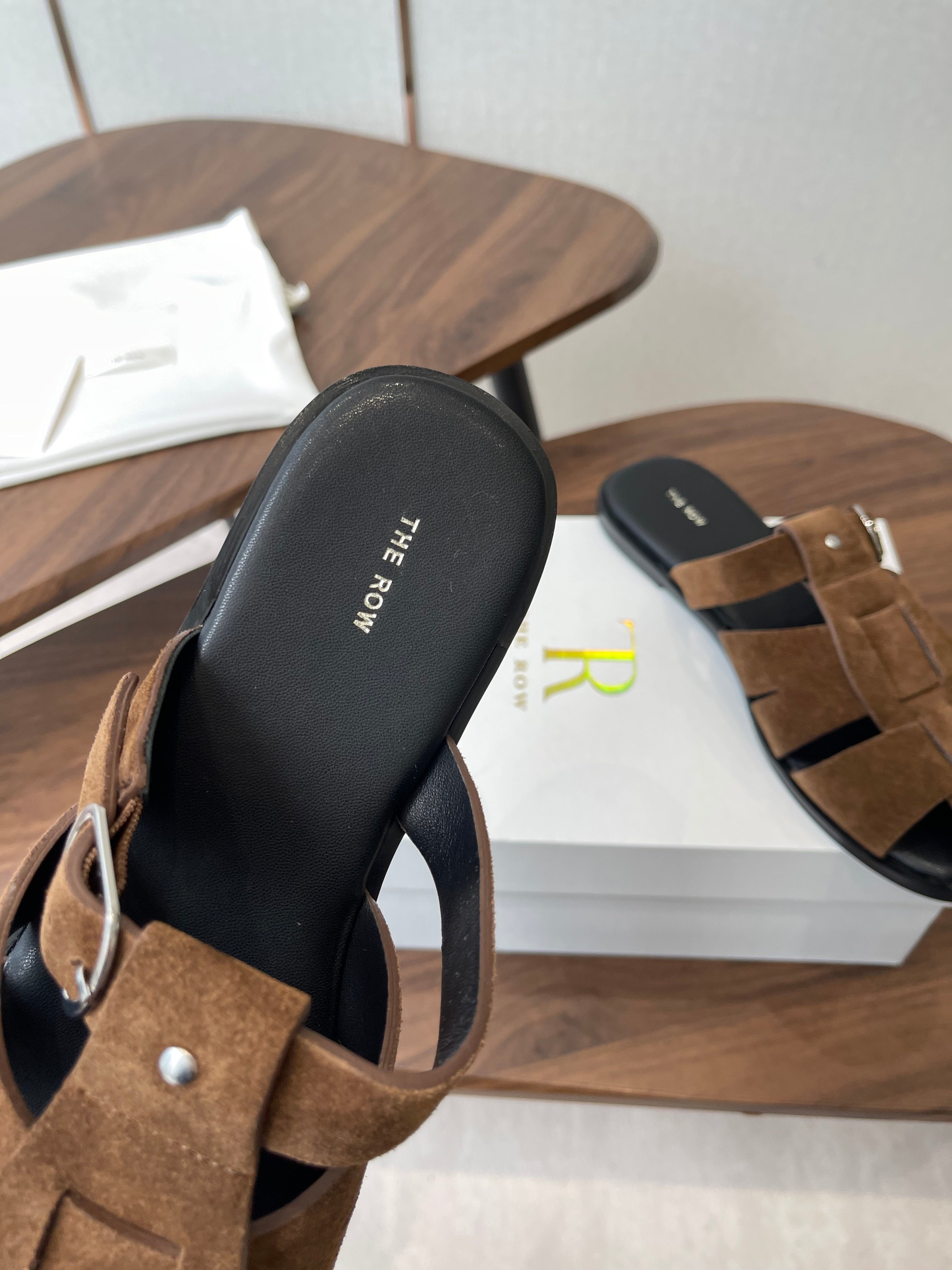 THE ROW 26S GLADIATOR SLIDE SANDALS IN BROWN SUEDE