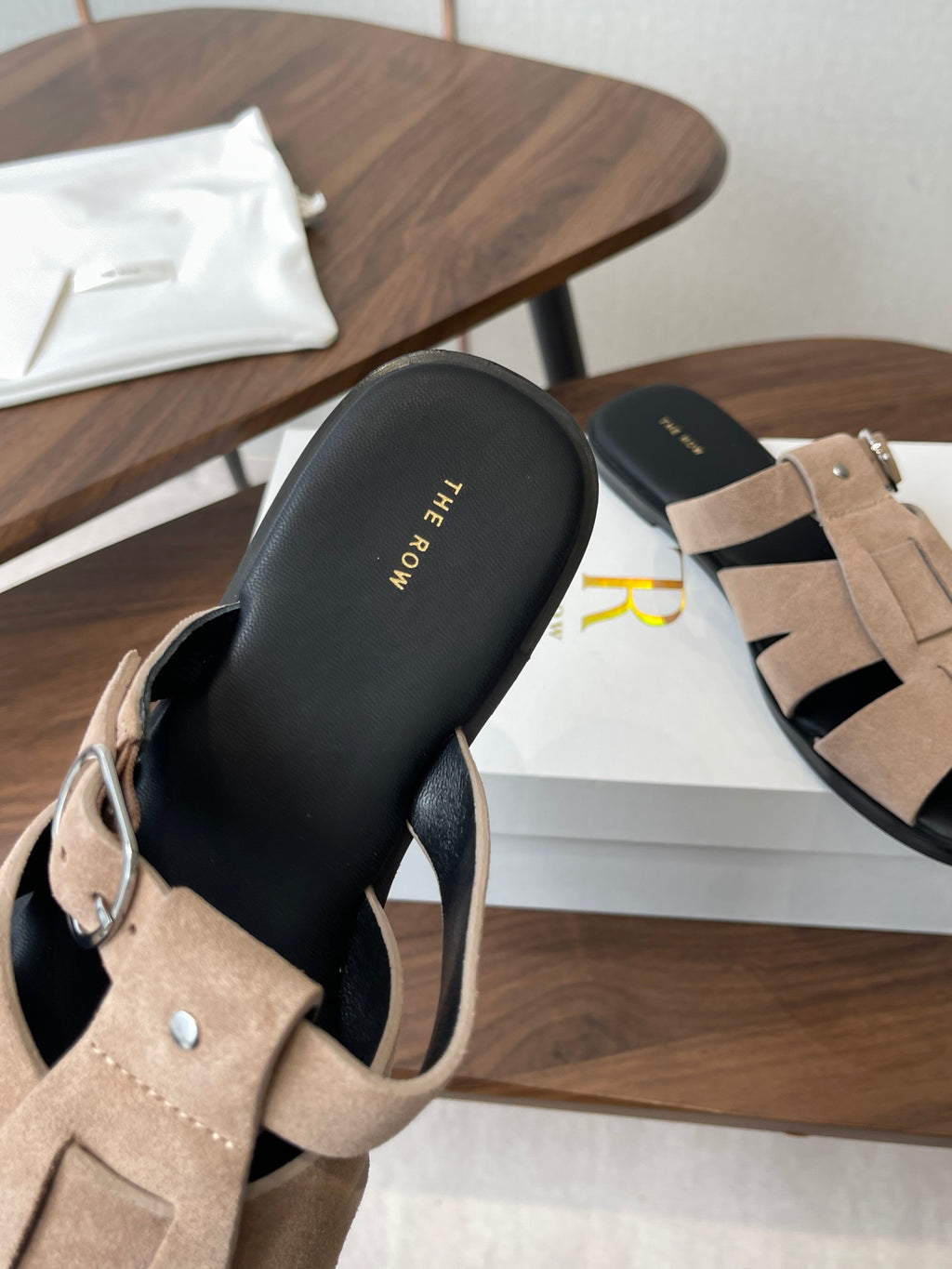 THE ROW 26S GLADIATOR SLIDE SANDALS IN TAUPE BEIGE SUEDE