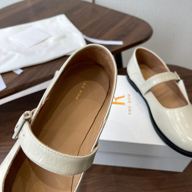 THE ROW 26S MARY JANE FLATS IN WHITE PATENT CALFSKIN