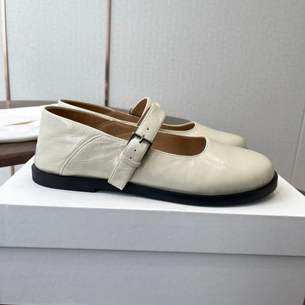THE ROW 26S MARY JANE FLATS IN WHITE PATENT CALFSKIN