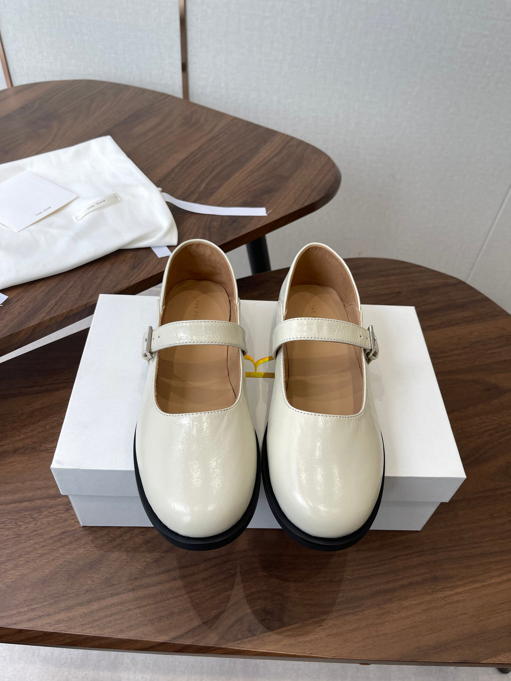 THE ROW 26S MARY JANE FLATS IN WHITE PATENT CALFSKIN