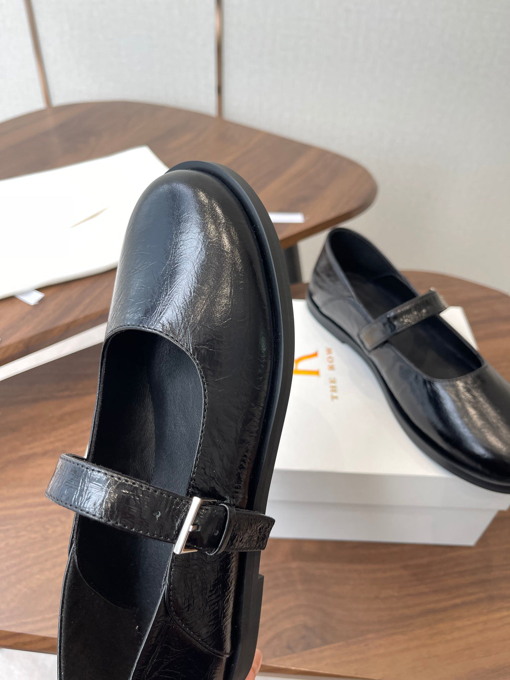 THE ROW 26S MARY JANE FLATS IN BLACK PATENT CALFSKIN