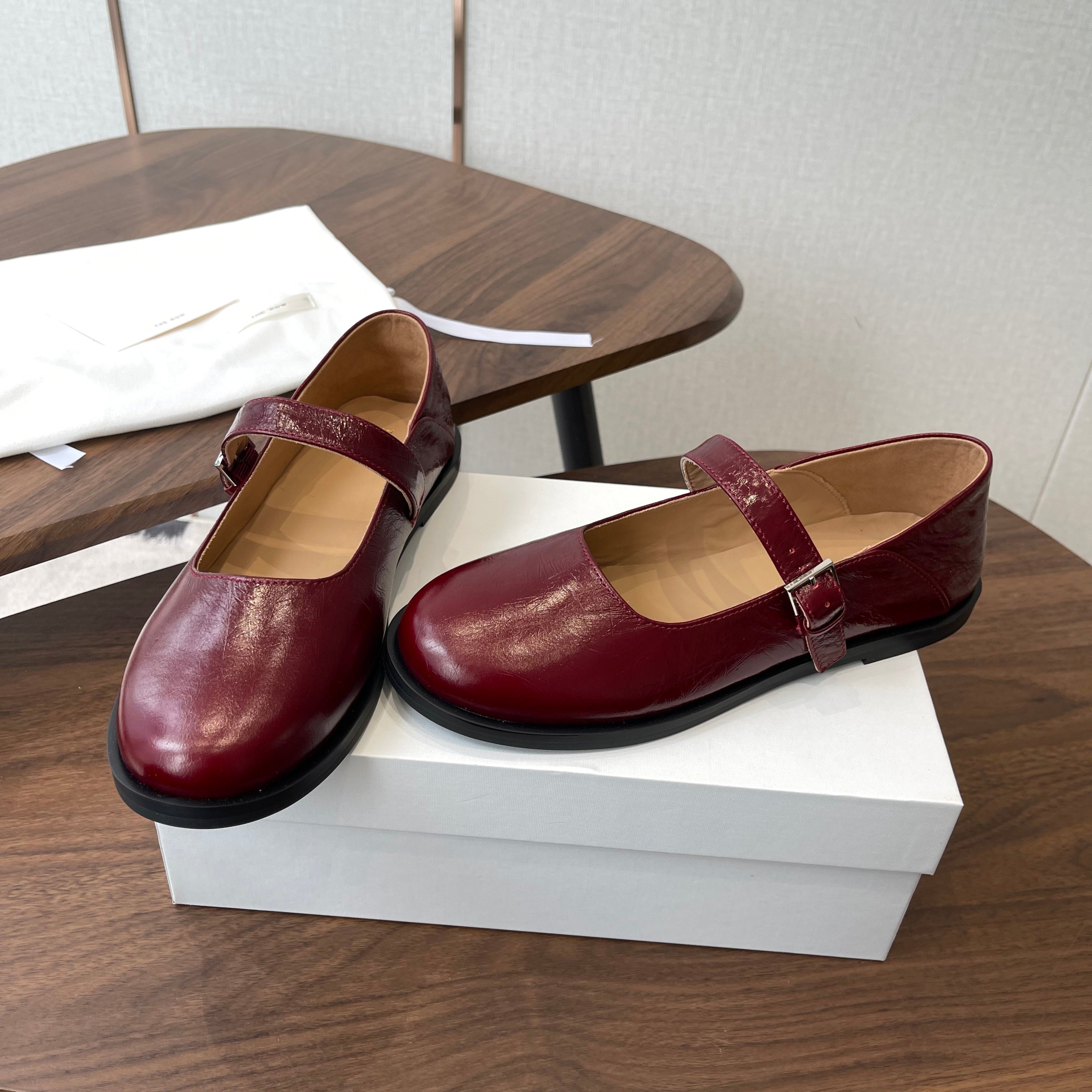 THE ROW 26S MARY JANE FLATS IN DARK RED PATENT CALFSKIN