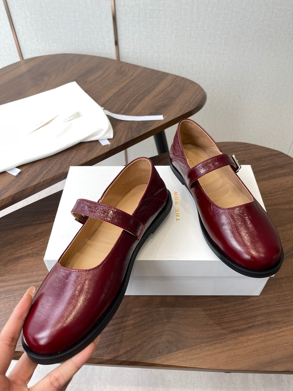 THE ROW 26S MARY JANE FLATS IN DARK RED PATENT CALFSKIN
