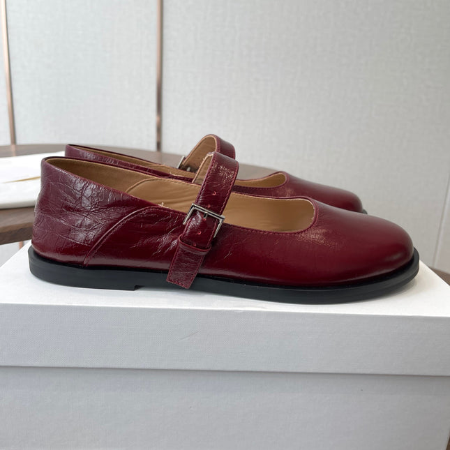 THE ROW 26S MARY JANE FLATS IN DARK RED PATENT CALFSKIN