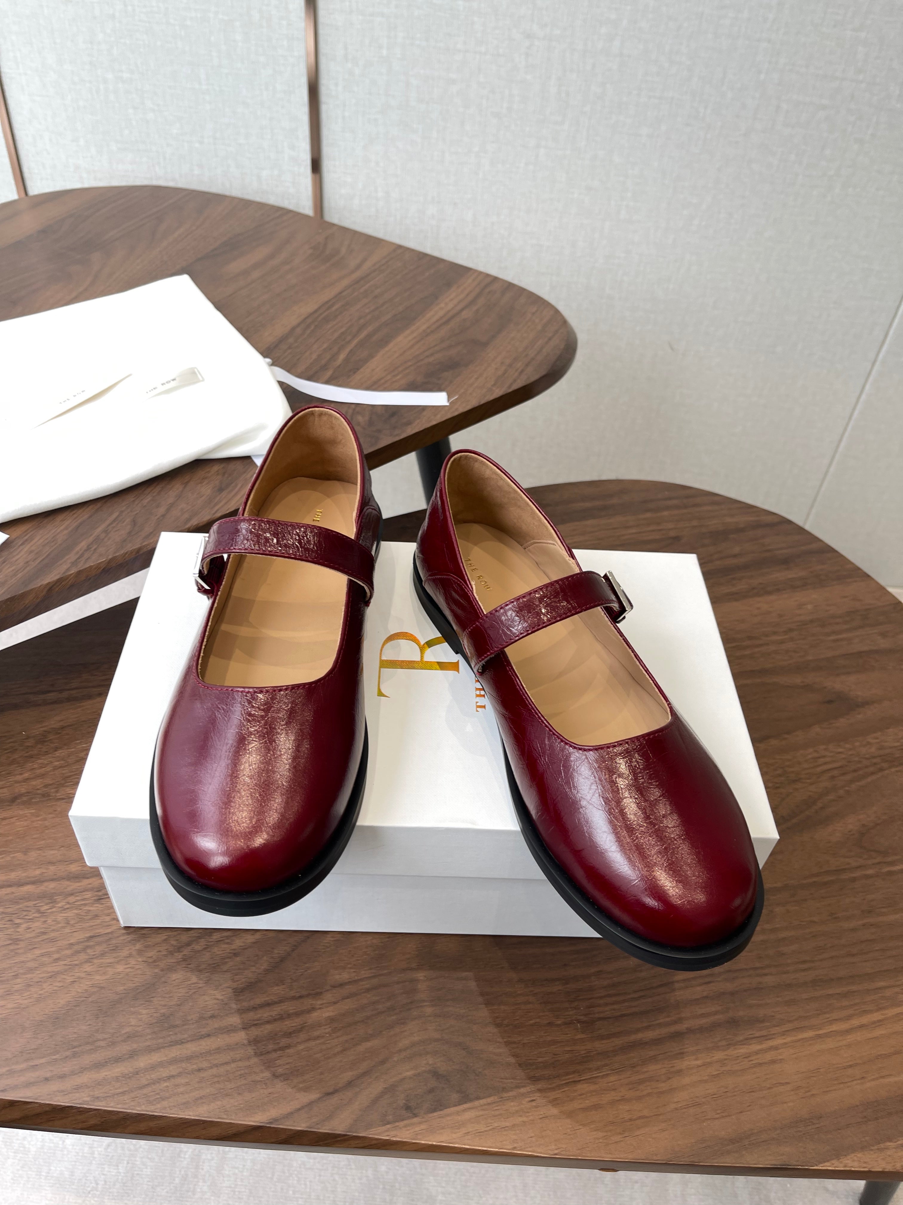 THE ROW 26S MARY JANE FLATS IN DARK RED PATENT CALFSKIN