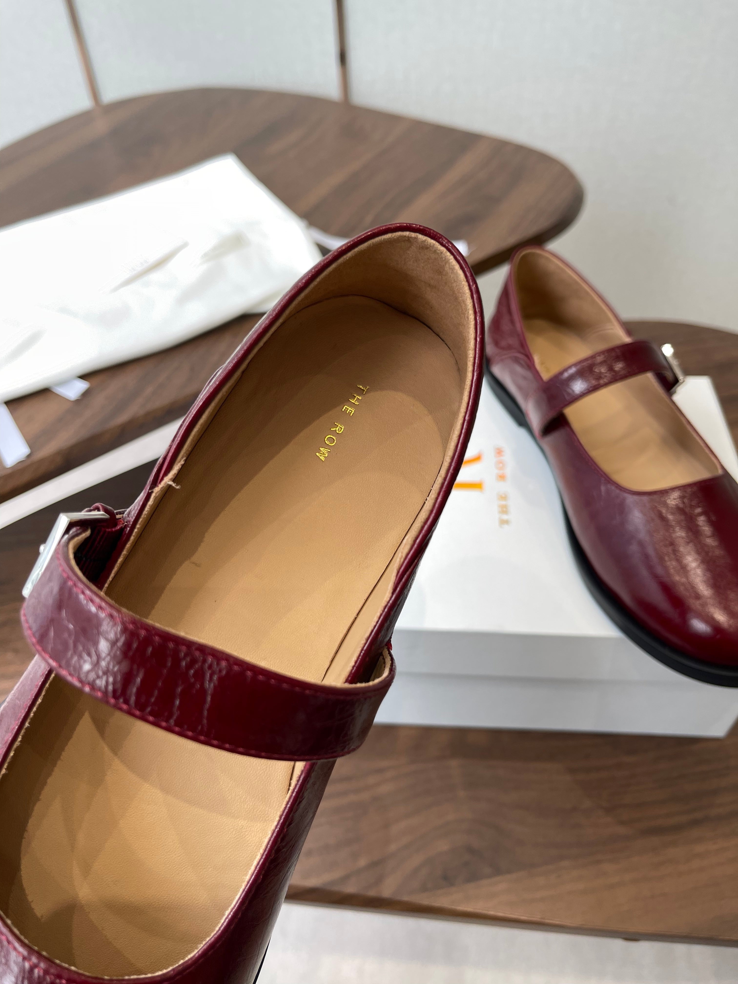 THE ROW 26S MARY JANE FLATS IN DARK RED PATENT CALFSKIN