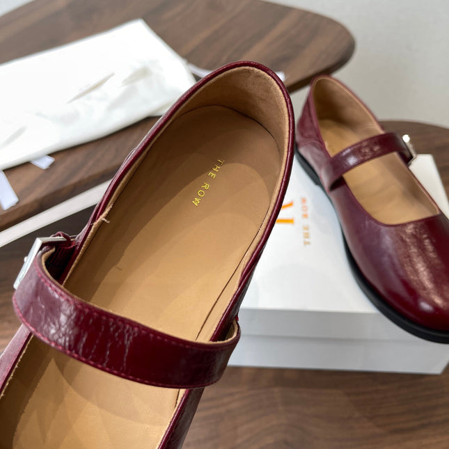 THE ROW 26S MARY JANE FLATS IN DARK RED PATENT CALFSKIN